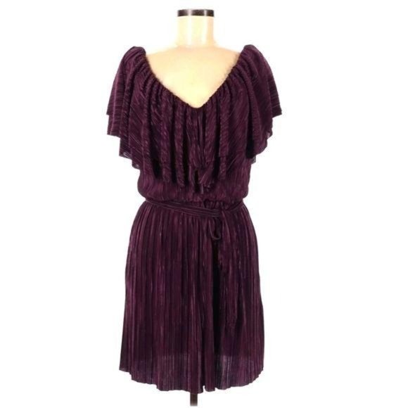 OML Dresses & Skirts - OML Deep Purple Plisse Pleat Flutter Sleeve Dress M Cocktail Party Wedding